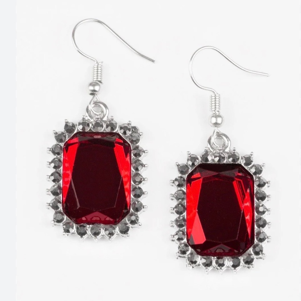 paparazzi Red Crystal Halo Drop Earrings - Silver Tone